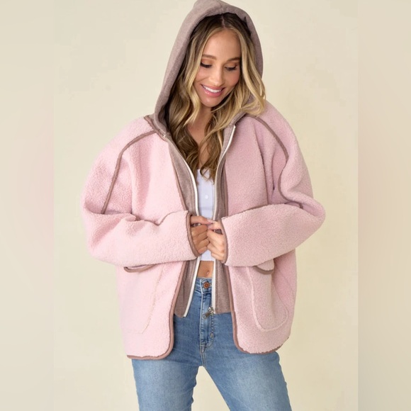 The NEW Boutique Jackets & Blazers - Pink/Mocha Faux Suede Fabrication And Hooded Solid 
Size L/XL